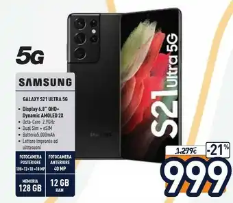Unieuro Galaxy s21 ultra 5g sm-g998b 17,3 cm (6.8") doppia sim android 11 usb tipo-c 12 gb 256 gb 5000 mah nero offerta