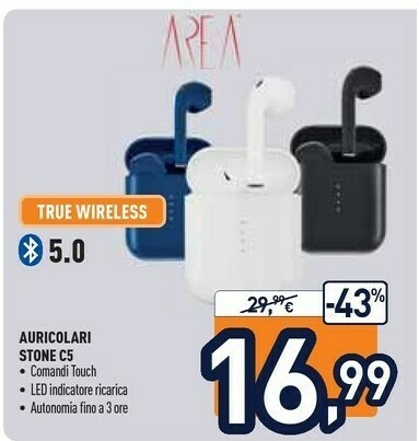 Area stone c5 cuffia true wireless stereo (tws) in-ear calls/music  bluetooth bianco offerta di Unieuro