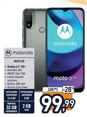 Unieuro Moto e20 16,5 cm (6.5") doppia sim android 11 4g usb tipo-c 2 gb 32 gb 4000 mah grigio offerta