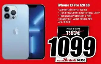 MediaWorld Iphone 13 pro 15,5 cm (6.1") doppia sim ios 15 5g 128 gb blu offerta
