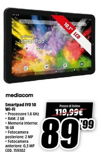MediaWorld Mediacom smartpad iyo 10 16 gb 25,6 cm (10.1") arm 2 gb wi-fi 4 (802.11n) android 11 nero offerta