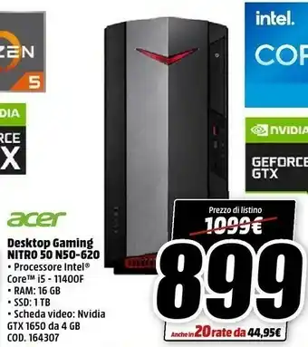 MediaWorld Nitro 50 n50-620 ddr4-sdram i5-11400f tower intel® core™ i5 di undicesima generazione 8 gb 512 gb windows 10 home pc nero offerta