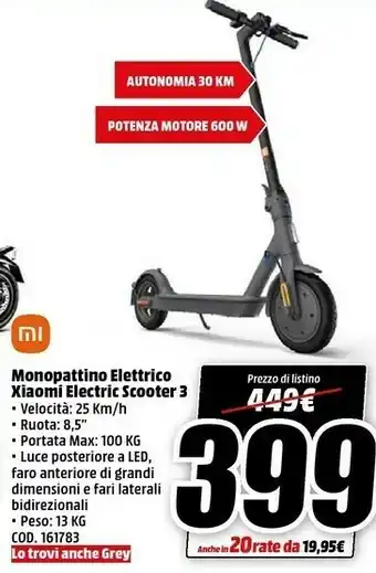 MediaWorld Monopattino elettrico electric scooter 3 25 km/h offerta