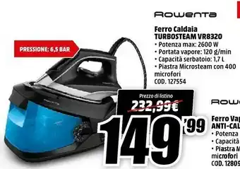 MediaWorld Ferro da stiro a vapore vr8320 turbosteam offerta