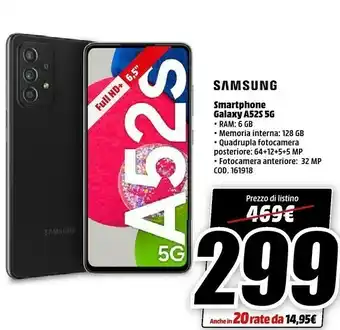 MediaWorld Galaxy a52s 5g 16,5 cm (6.5") doppia sim android 11 usb tipo-c 6 gb 128 gb 4500 mah nero offerta