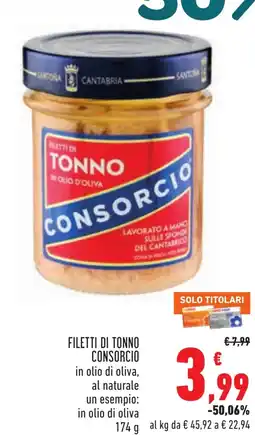 Conad Filetti di tonno CONSORCIO in olio di oliva, al naturale un esempio: in olio di oliva offerta