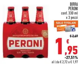 Conad Birra PERONI conf. 330 ml x 3 pezzi offerta
