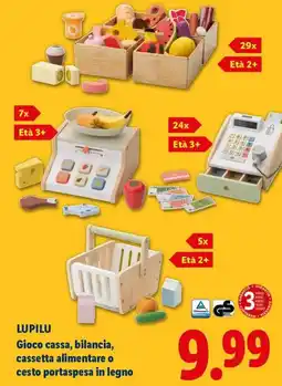 Lidl LUPILU Gioco cassa, bilancia, cassetta alimentare o cesto portaspesa in legno offerta