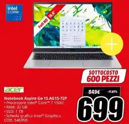 MediaWorld acer Notebook Aspire Go 15 AG15-72P offerta