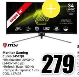 MediaWorld msi Monitor Gaming Curvo 345CQR offerta