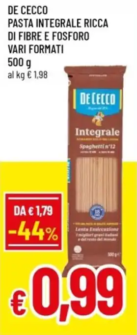 De cecco pasta integrale ricca di fibre e fosforo
