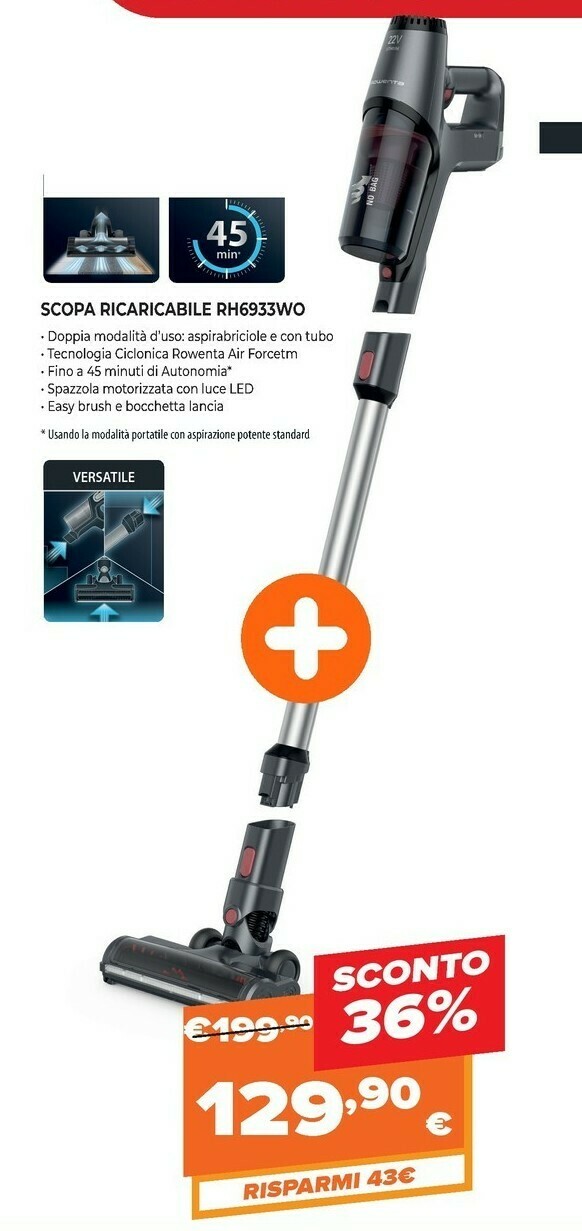 Rh6933, cleaner x-pert 3.60, scopa elettrica, 45 minuti di autonomia, peso  di 2,2 kg, nero \u0026 rosso offerta di Expert