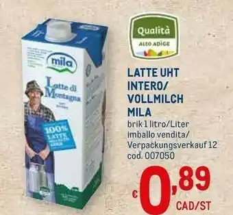 Metro Latte uht intero/ vollmilch brik 1 litro/liter offerta