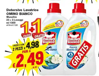 Prix Quality Omino Bianco Detersivo Lavatrice Muschio 23 + 3 Lavaggi 1300ml + 1 Gratis offerta