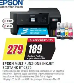 Trony EPSON MULTIFUNZIONE INKJET ECOTANK ET-2870 offerta