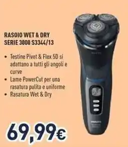 Unieuro PHILIPS RASOIO WET & DRY SERIE 3000 S3344/13 offerta