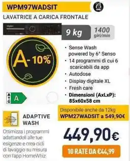 Unieuro Whirlpool WPM97WADSIT LAVATRICE A CARICA FRONTALE offerta