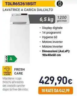 Unieuro Whirlpool TDLR65261BSIT LAVATRICE A CARICA DALL'ALTO offerta