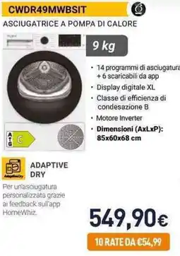 Unieuro Whirlpool CWDR49MWBSIT ASCIUGATRICE A POMPA DI CALORE offerta