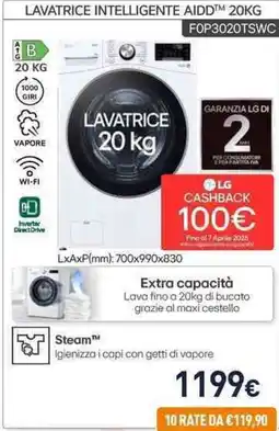 Unieuro LG LAVATRICE INTELLIGENTE AIDDTM FOP3020TSWC offerta