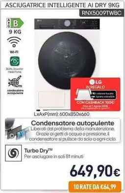 Unieuro LG ASCIUGATRICE INTELLIGENTE AI DRY RNX5009TWBC offerta