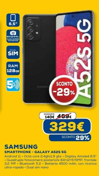 Euronics Galaxy a52s 5g 16,5 cm (6.5") doppia sim android 11 usb tipo-c 6 gb 128 gb 4500 mah nero offerta