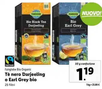 Lidl Fairglobe bio organic tè nero darjeeling o earl grey bio offerta