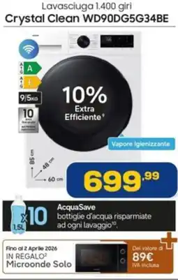 Euronics SAMSUNG Lavasciuga 1.400 giri Crystal Clean WD90DG5G34BE offerta