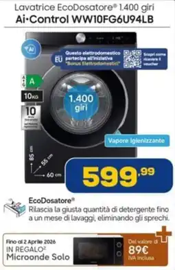 Euronics SAMSUNG Lavatrice EcoDosatore 1.400 giri Ai-Control WW10FG6U94LB offerta