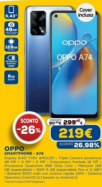 Euronics A74 16,3 cm (6.43") doppia sim coloros 11.1 4g usb tipo-c 6 gb 128 gb 5000 mah blu offerta