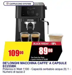 Trony DE'LONGHI MACCHINA CAFFE' A CAPSULE EC235BK offerta