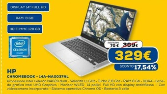 Euronics Chromebook 14a-na0037nl 35,6 cm (14") full hd intel® celeron® 8 gb lpddr4-sdram 128 gb emmc wi-fi 5 (802.11ac) chrome os arge offerta