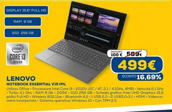 Euronics V v15 computer portatile 39,6 cm (15.6") hd amd athlon 8 gb ddr4-sdram 256 gb ssd wi-fi 5 (802.11ac) grigio offerta