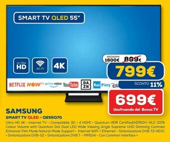 Euronics Tv qled 4k 55” qe55q70a smart tv wi-fi titan gray 2021 offerta