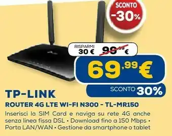 Euronics Tp-link tl-mr150 router wireless fast ethernet banda singola (2.4 ghz) 4g nero offerta