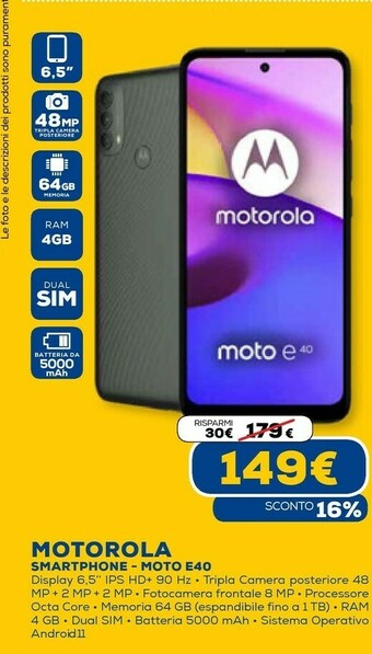 Euronics Moto e moto e40 16,5 cm (6.5") dual sim ibrida android 11 4g usb tipo-c 4 gb 64 gb 5000 mah rosa offerta