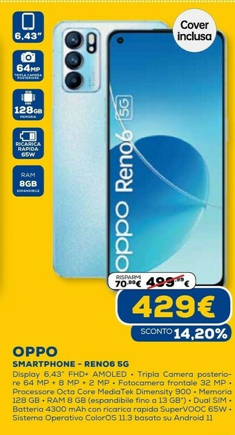 Euronics Reno 6 16,3 cm (6.4") doppia sim android 11 5g usb tipo-c 8 gb 128 gb 4300 mah blu offerta