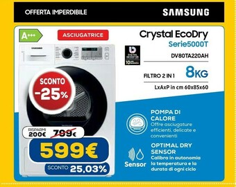 Euronics Dv80ta220ah asciugatrice libera installazione caricamento frontale 8 kg a+++ bianco offerta