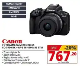 Comet Canon fotocamera mirrorless EOS R50 BK + RF-S 18-45MM IS STM offerta