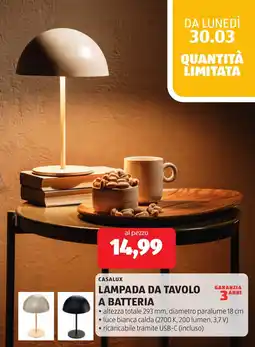 ALDI Casalux lampada da tavolo a batteria offerta