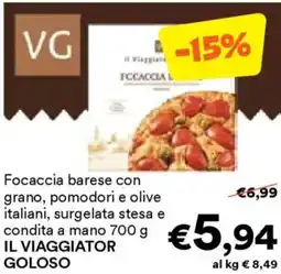 Unes Focaccia barese con grano, pomodori e olive italiani, surgelata stesa e condita a mano IL VIAGGIATOR offerta