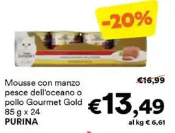 Unes Mousse con manzo pesce dell'oceano o pollo Gourmet Gold PURINA offerta