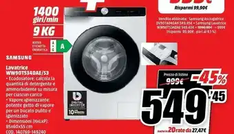 MediaWorld Samsung ww90t534dae 9 kg ecodosatore ai control libera installazione caricamento frontale 1400 giri/min bianco offerta
