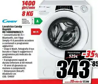 MediaWorld Rapidó rapido' lavatrice libera installazione caricamento frontale 9 kg 1400 giri/min a bianco offerta