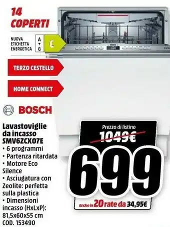 MediaWorld Serie 6 smv6zcx07e lavastoviglie a scomparsa totale 14 coperti c offerta