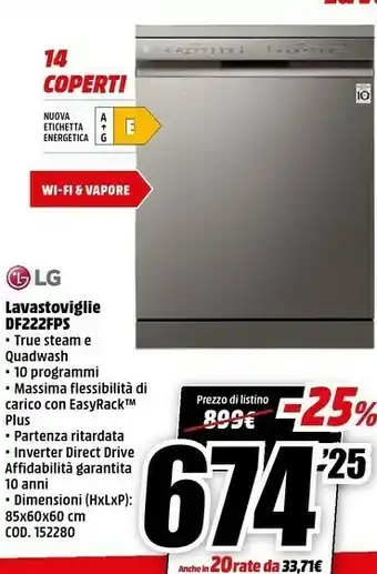 MediaWorld Lg df222fp lavastoviglie libera installazione 14 coperti e offerta