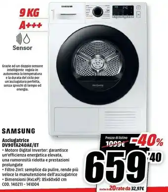 MediaWorld Dv90ta240ae asciugatrice libera installazione caricamento frontale 9 kg a+++ bianco offerta