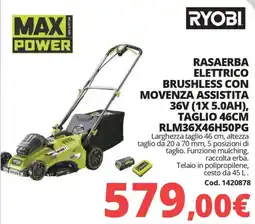 Brico Io RYOBI RASAERBA ELETTRICO BRUSHLESS CON MOVENZA ASSISTITA 36V (1X 5.0AH), TAGLIO 46CM RLM36X46H50PG offerta