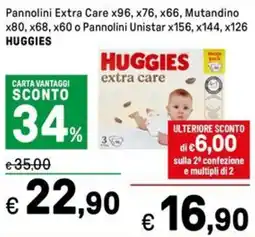 Iper La Grande Pannolini Extra Care x96, x76, x66, Mutandino x80, x68, x60 o Pannolini Unistar x156, x144, x126 HUGGIES offerta