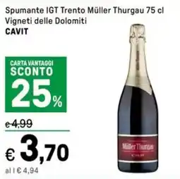 Iper La Grande Spumante IGT Trento Müller Thurgau Vigneti delle Dolomiti CAVIT offerta